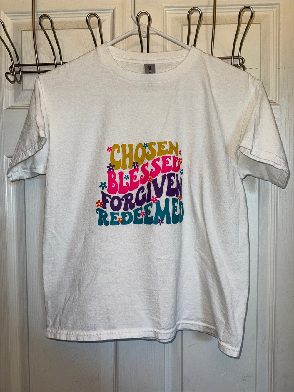 Gildan White Kids Tee with Colorful 'Chosen Blessed Forgiven Redeemed' Graphic